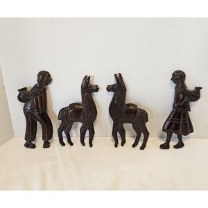 Vintage Wooden Hand Carved Peruvian Family And Llamas Folk Art